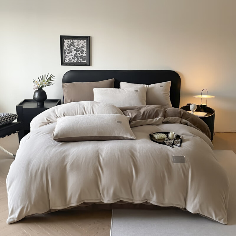 诸禄南通叠石桥牛奶绒四件套冬季保暖舒适纯色毛绒床单被套双人床品 香芋柴深灰 床笠款 1.8m被套加大四件套