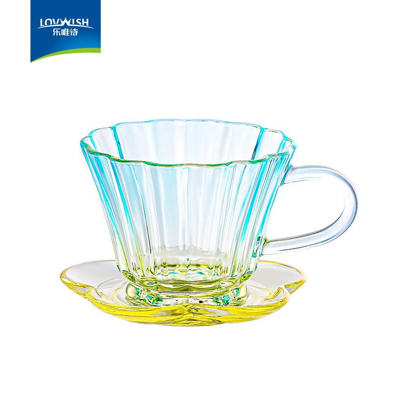 NERVISHI轻奢北欧玻璃咖啡杯碟套装家用带手柄女高颜值高档精致下午茶杯子 花开半朵杯碟2件套【蓝色】220ml*1