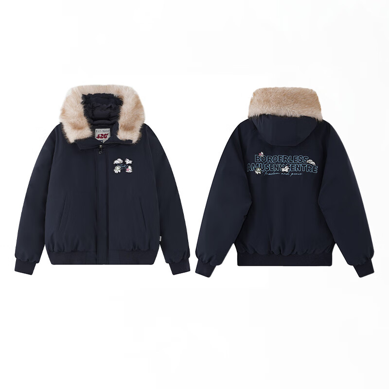 F426国潮牌冬季新款休闲宽松连帽简约毛领魔术贴棉服 藏青色 M