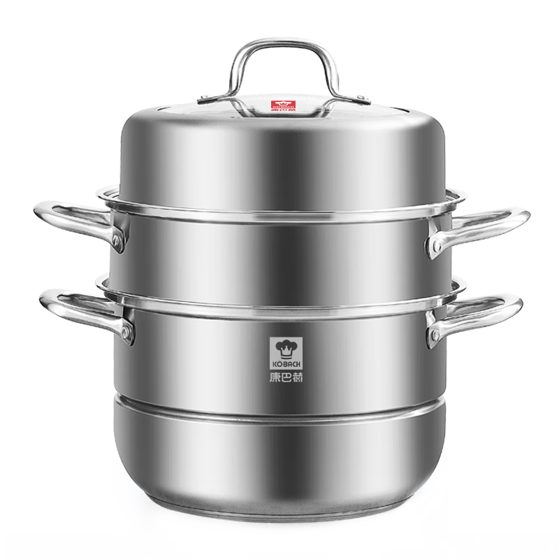 康巴赫304不锈钢三层蒸锅蒸笼复底大汤蒸锅多功能锅具32cm燃气灶通用