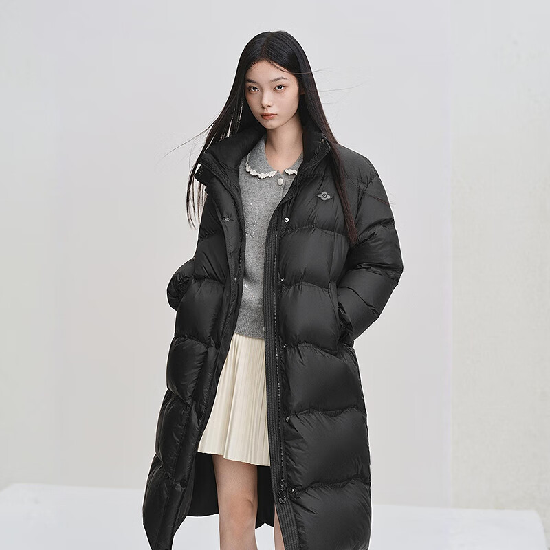 乐町【火山岩】乐町H身型长款面包羽绒服2025年冬季新款波浪绗线外套 乌黑(现货) XS