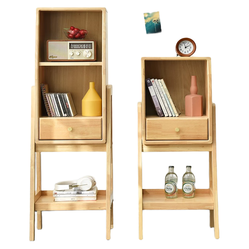 爱必居北欧实木收纳柜简易书架置物架现代简约落地小书柜家用客厅边柜卧室床头柜 原木色两层