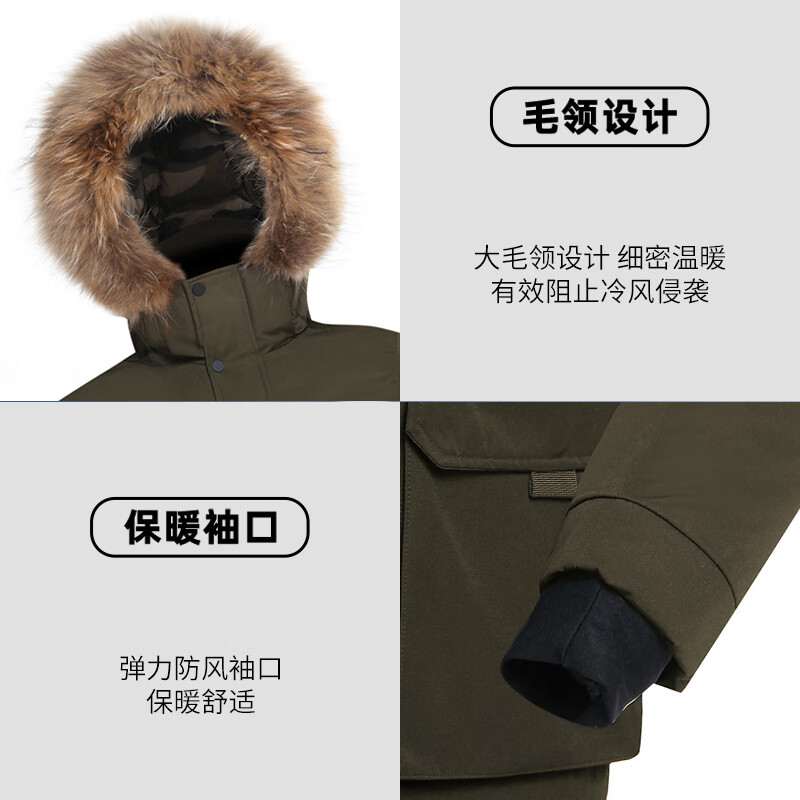 君羽反季羽绒服男中长款男士800蓬工装服派克服加厚防水鹅绒服 深卡其 3XL 推荐女171-180斤/男196-220斤
