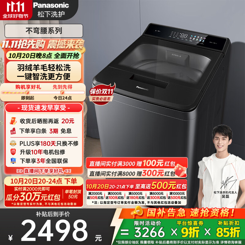 松下（Panasonic）【吴磊推荐】波轮洗衣机全自动10公斤 毛毯羽绒羊毛洗 触控操作内衣洗衣机不弯腰 国家补贴 U1