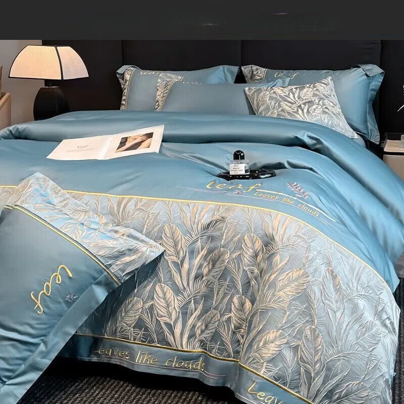 百麗絲水星家紡出品輕奢親膚浮雕刺繡純棉四件套歐式被套床單床上用品三 金枝玉葉-賓利藍(lán) 床笠款 1.5【被套200x230】四件套