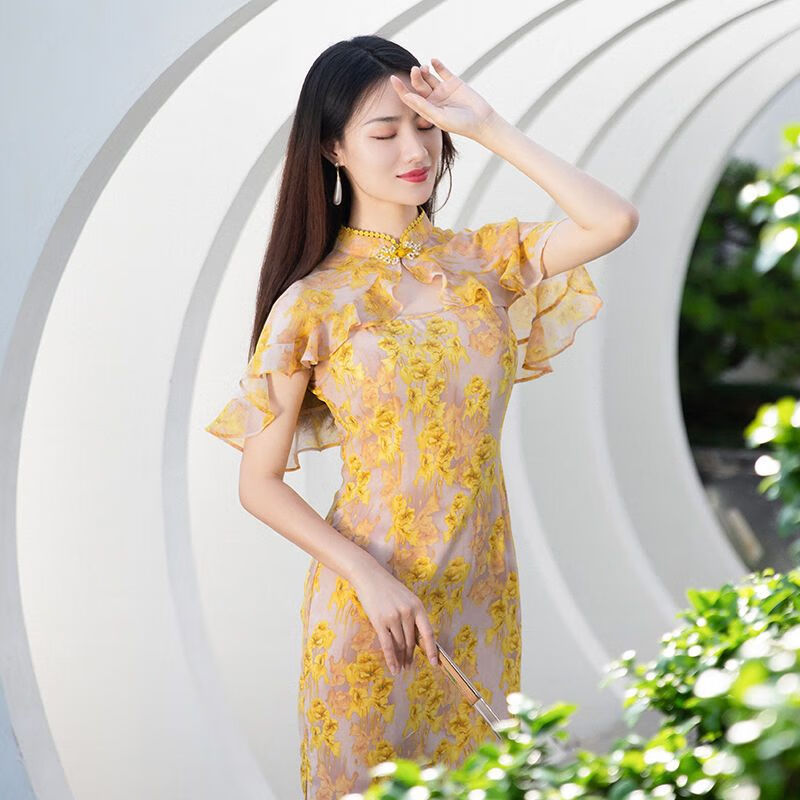 四美子改良黄色旗袍女【初见】2023年夏新款可拆卸披肩长款印花连衣裙 初见 XL (115~125斤)使用感如何?