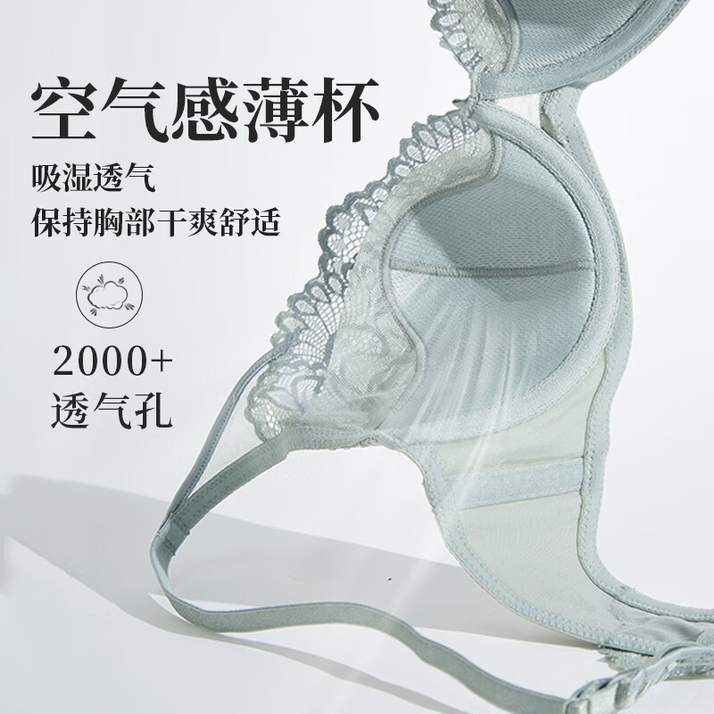 夏娃的诱惑浥轻尘组内衣女夏季薄款软钢圈大胸显小蕾丝性感文胸上托防下垂 水雾蓝 85E