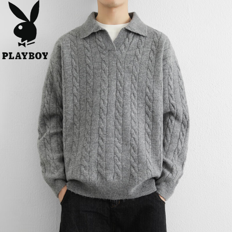花花公子（PLAYBOY）美式复古慵懒麻花纹理假两件翻领套头毛衣男宽松拼接针织衫外套潮 黑色 M