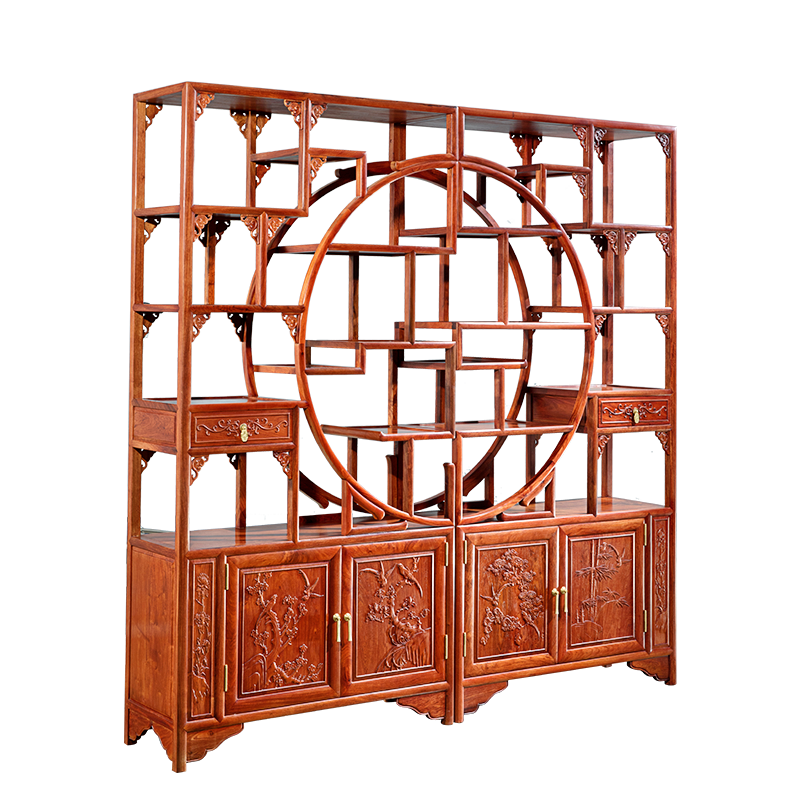 广典红木家具缅甸花梨(学名:大果紫檀)新中式博古书架 实木客厅多宝阁 置物隔断柜子 团圆博古架212*40*215cm