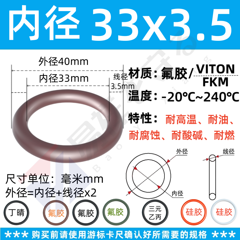 进口氟橡胶FKM线径3.0/3.1/3.5/3.55mm耐高温o形圈FPM棕黑绿 内径 33mm*3.5mm 10个