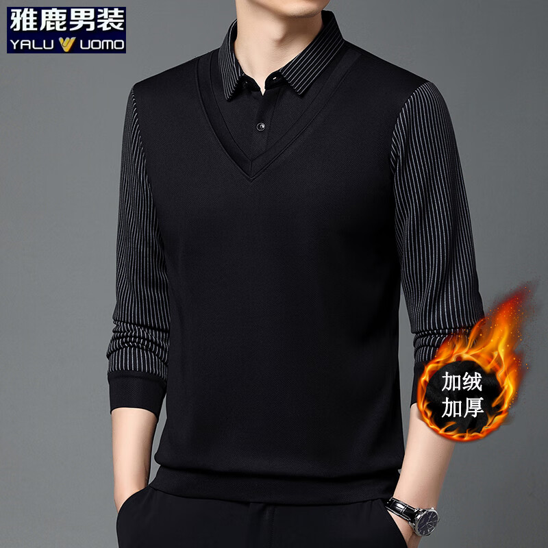 雅鹿男装加绒加厚假两件毛衣男士休闲翻领时尚潮流男装上衣t恤衫 黑色加绒 2XL (180)(建议155-170斤)
