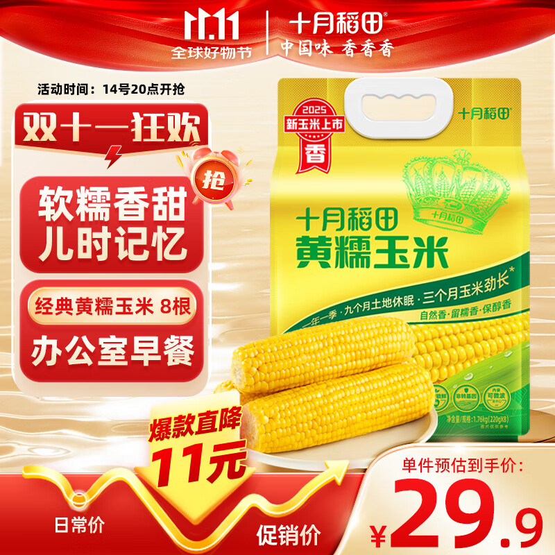 十月稻田 黄糯玉米 3.52斤(220g*8根) 25年新玉米 低脂 早餐零食 东北玉米