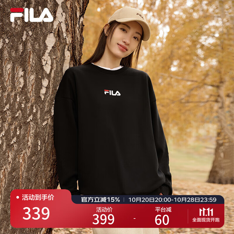 FILA 斐乐女装卫衣男女同款套头卫衣秋冬情侣款休闲加绒保暖长袖上衣 正黑色-BK L 175/96A/L