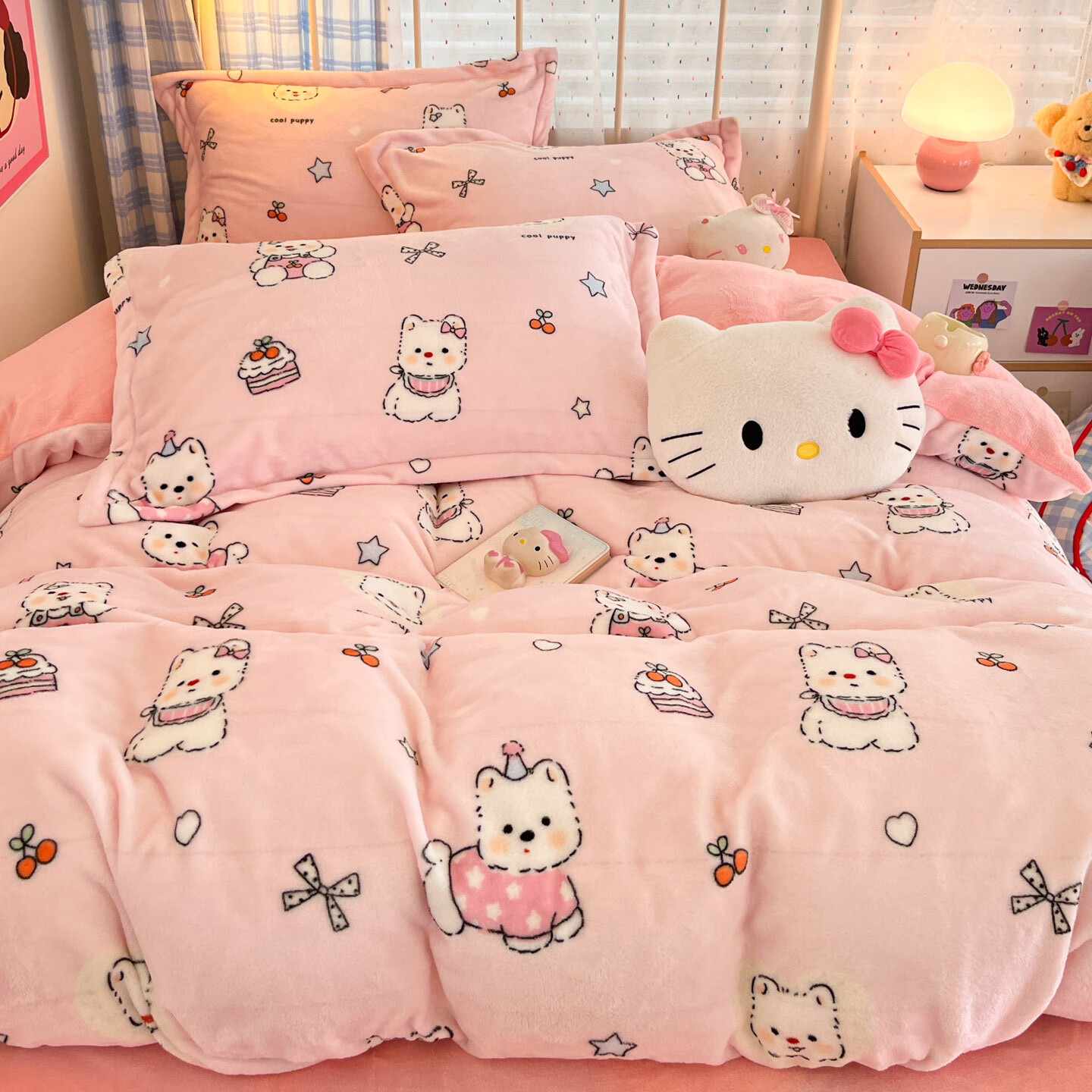 多兰诗牛奶绒四件套 秋冬保暖雪花绒单双人宿舍家用珊瑚绒床单四件套 茶派小狗粉 1.8米 床单款 （被套200*230cm） 四件套