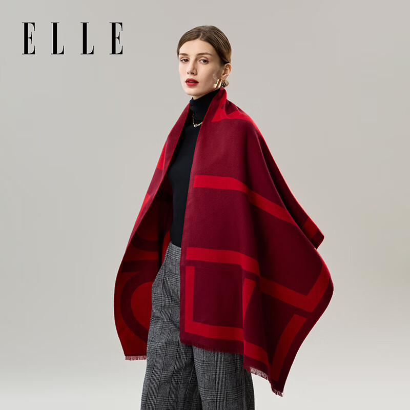 ELLE【礼盒装】披肩女士办公室保暖围巾礼物红围巾新年