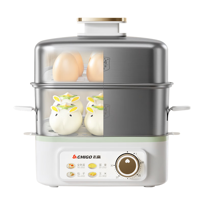 志高（CHIGO）煮蛋器 蒸蛋器 旋鈕定時(shí)自動(dòng)斷電小型迷你 雙層蒸煮雞蛋神器0涂層不銹鋼輕食機(jī)電蒸鍋煮鍋一體機(jī)