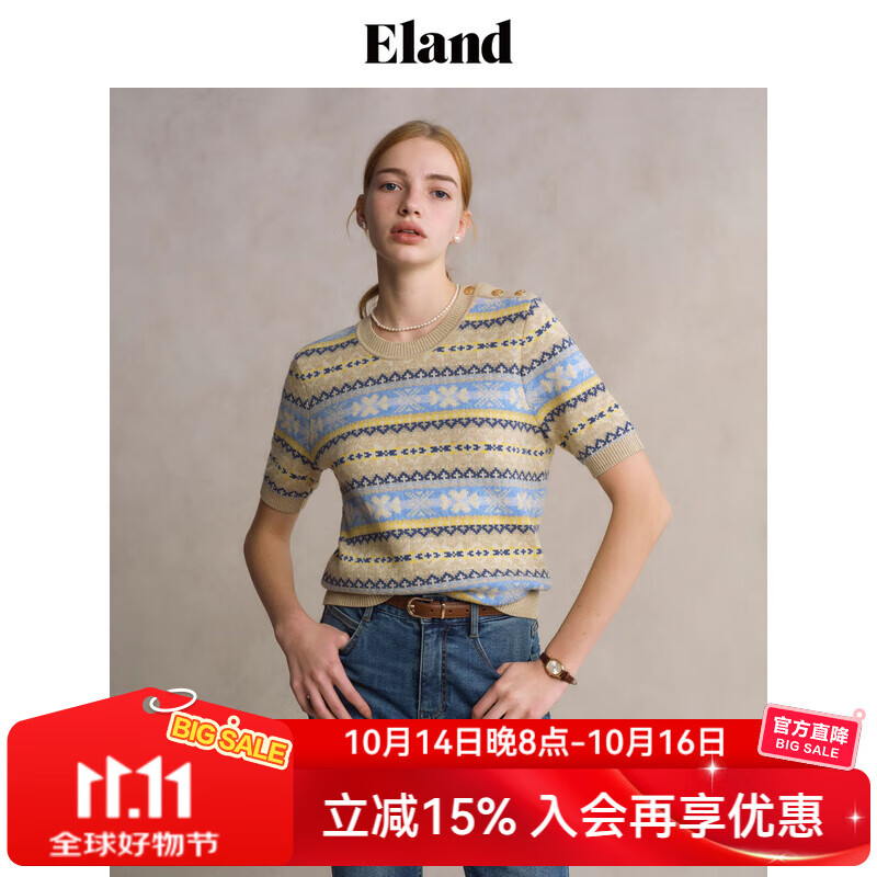 ELAND衣恋针织T恤女甜美风下摆罗纹微弹舒适短袖上衣2025秋季新款 浅卡其色(36)L/Beige S /160