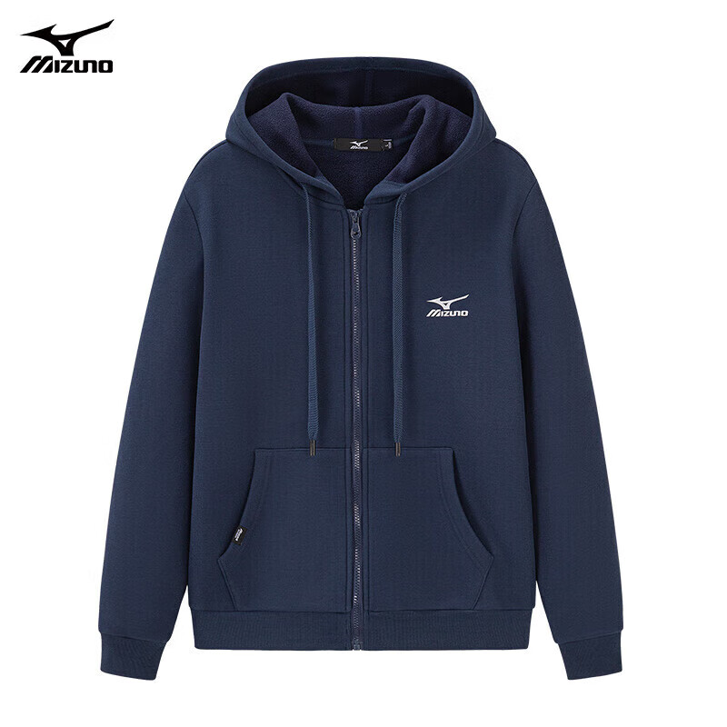 美津浓（MIZUNO）户外休闲卫衣男春秋冬季连帽开衫加绒加厚外套男纯色宽松 宝蓝【加绒款】 M