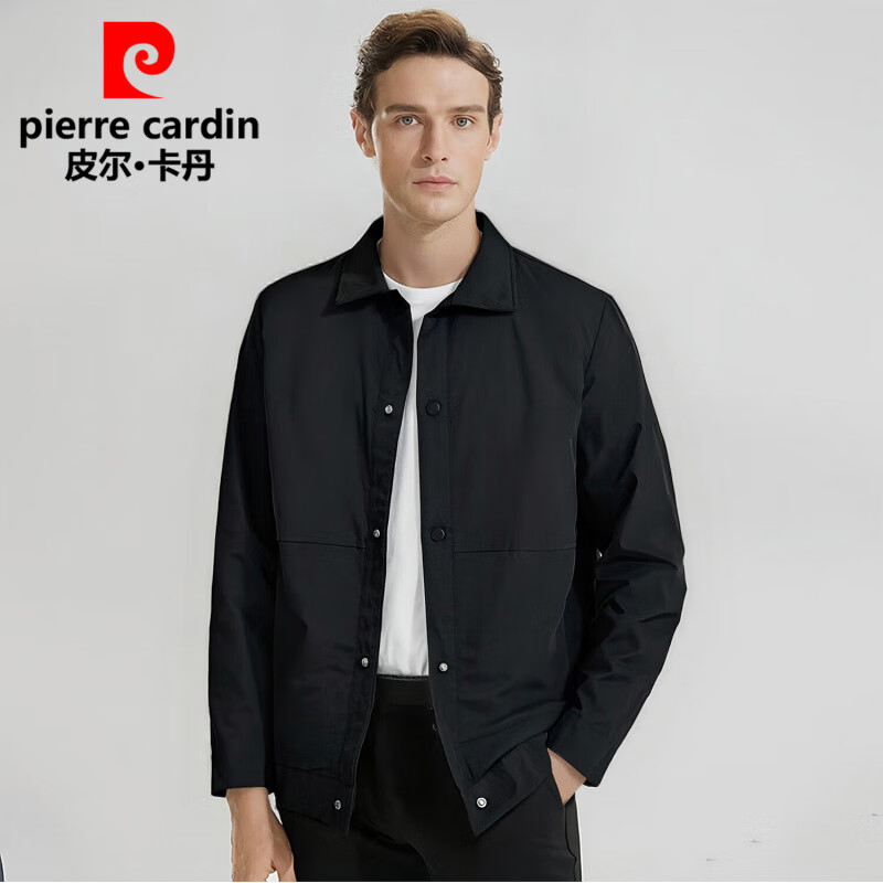 皮尔卡丹中老年爸爸装休闲商务夹克男舒适百搭翻领外套男秋季男装父亲礼物 黑色 XL (建议130-150斤)