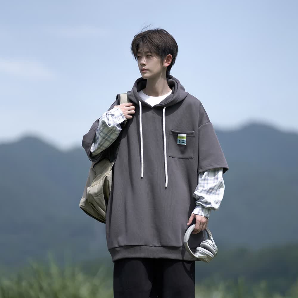 NEW OR MODE美式重磅假两件连帽卫衣男秋季新款潮流宽松大码休闲运动上衣外套 灰色 4XL 【建议180-205斤】
