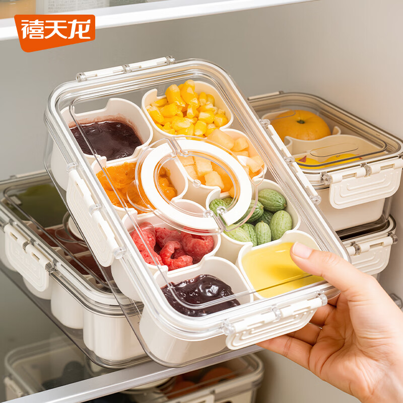 禧天龙分格保鲜盒户外野餐保鲜水果收纳盒可手提便携式密封盒 八分格【带手提】