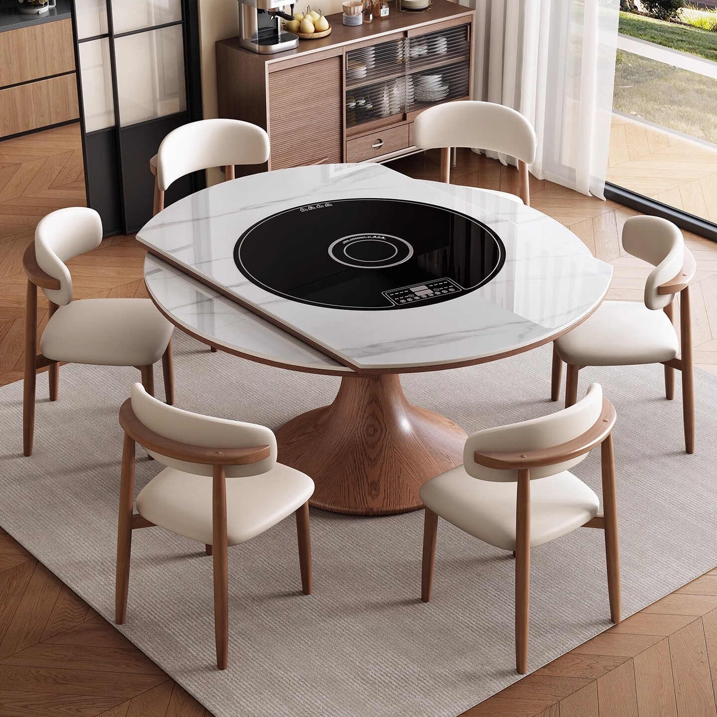 紫文轩中古风实木餐桌暖菜板家用饭桌岩板餐桌椅子全套圆桌折叠餐厅家具 【智能语音暖菜板】单桌+6太空椅 135*135*75