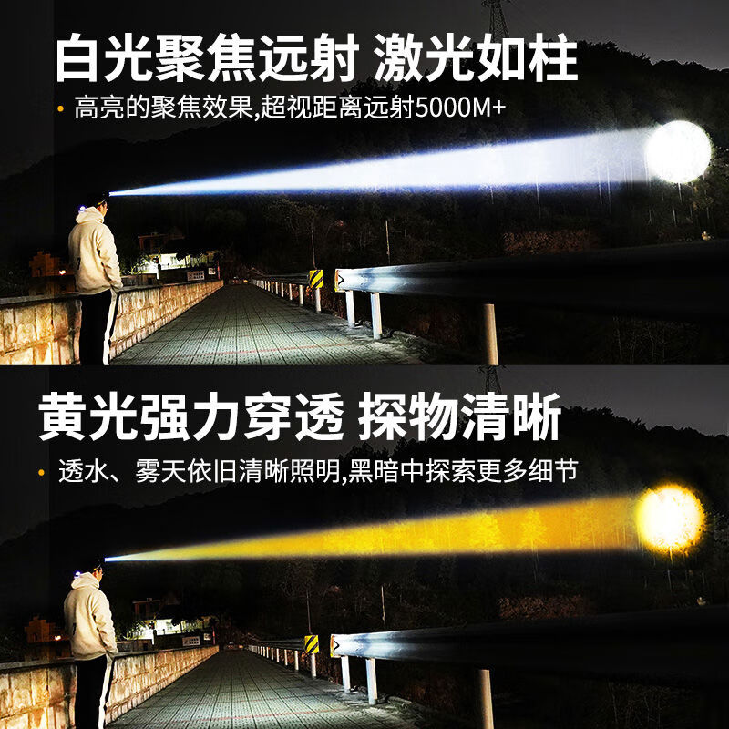 宰搂头戴式强光头灯充电感应激光亮手电筒夜钓鱼专用户外照明灯 H16白黄双激光六节锂电池