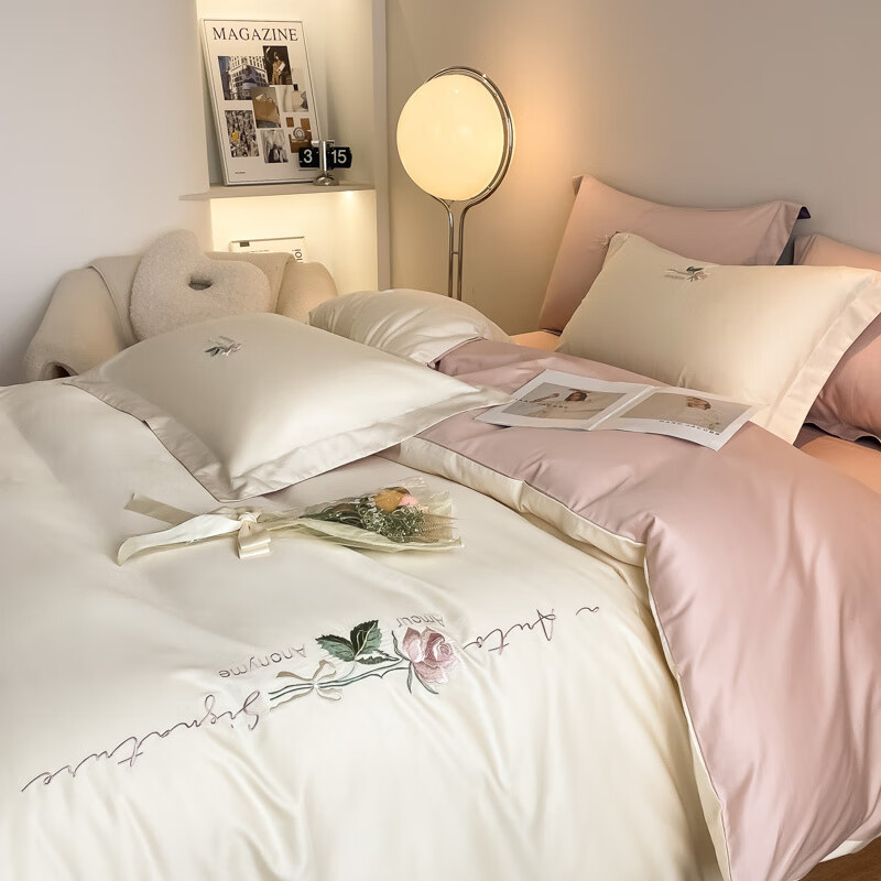 元族2025新款Ａ类纯棉四件套轻奢刺绣全棉被套简约纯色四件套-唤醒 唤醒-奶昔白+茱萸粉 床单款 2.0m四件套