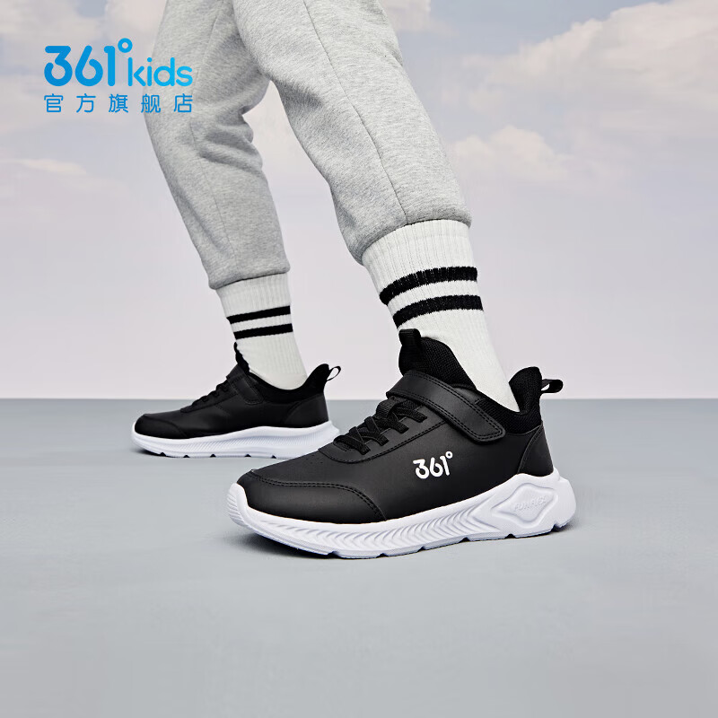 361°儿童运动鞋男童跑鞋秋冬密网轻便魔术贴女童皮革加绒保暖运动鞋 【皮革】碳黑/361度白 39