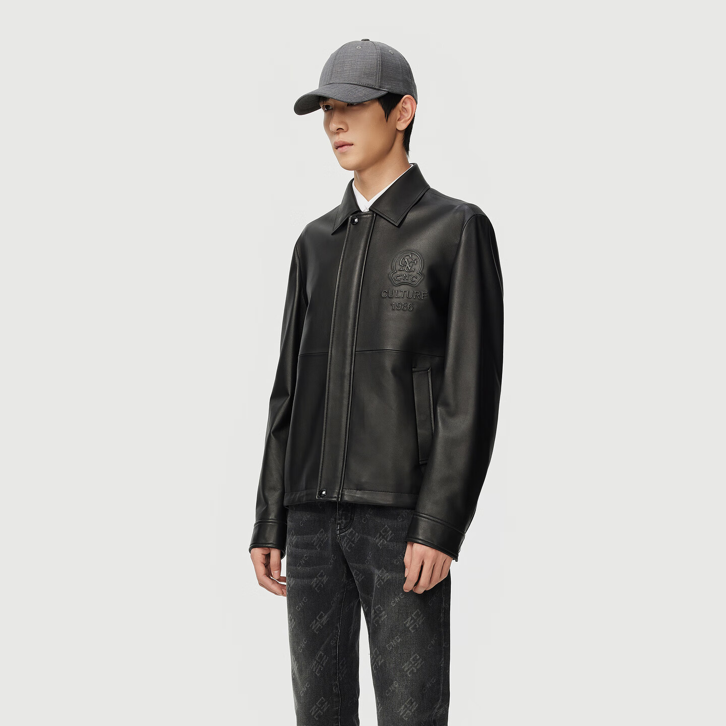 C'N'C【轻奢男装】CNC25秋新款翻领皮衣外套品牌压凸logo夹克男 黑色 54 /XL/(185/100A)