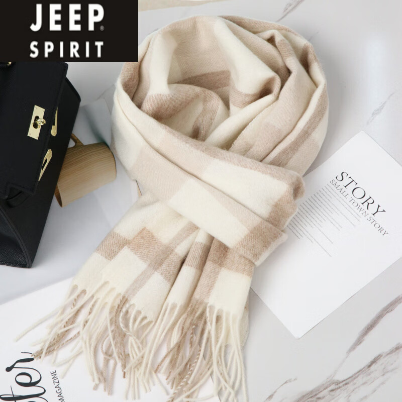 JEEP SPIRIT澳洲wool纯羊毛围巾女冬季感新款英伦风格子围脖生日礼物 米白浅咖条纹 (澳洲羊毛) 京东折扣/优惠券