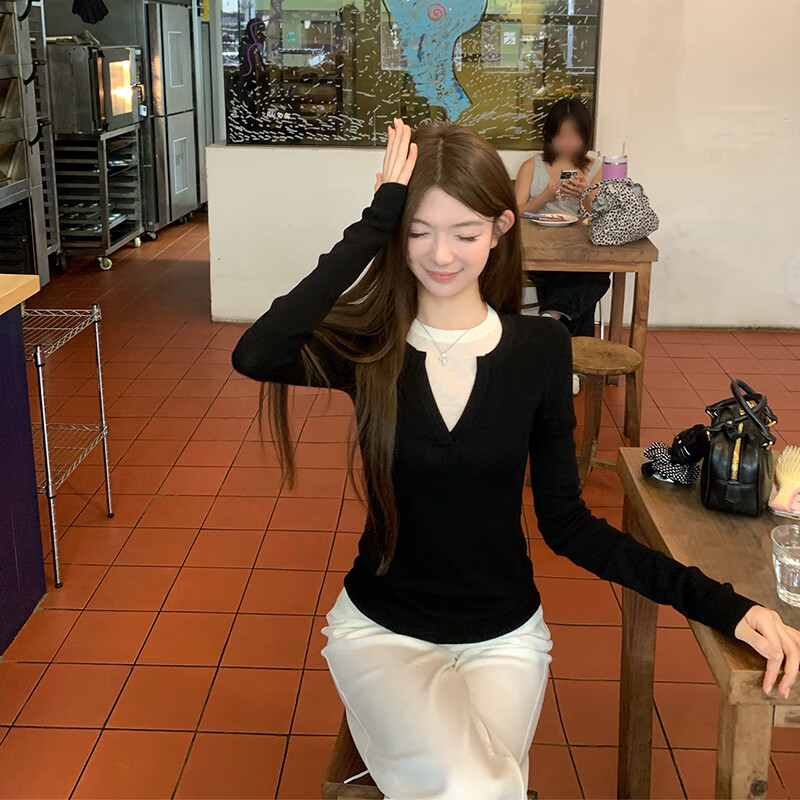 俞兆林针织衫女春秋季2025新款外穿V领修身显瘦内搭打底衫假两件上衣女 黑色 【柔软亲肤遮肉显瘦】 均码 【适合80-140斤】