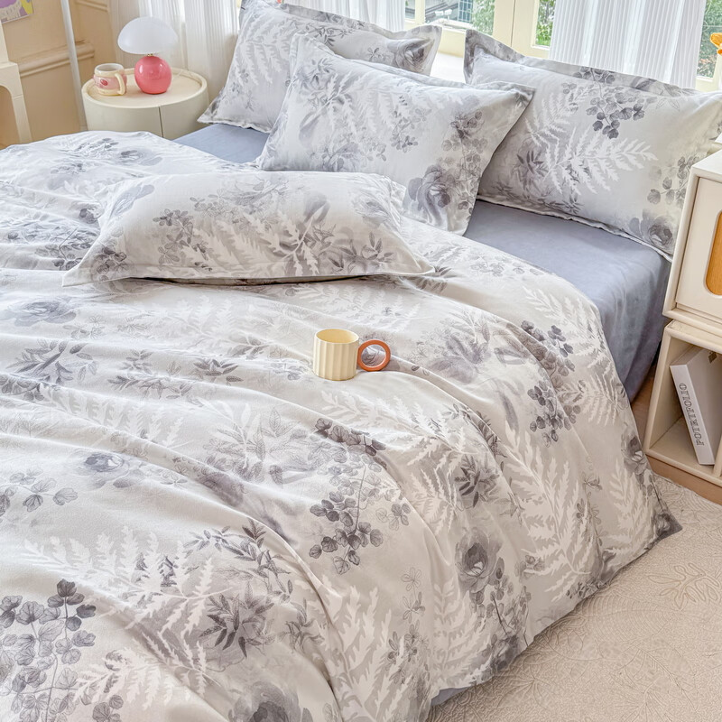 多兰诗（Duolanshi）磨毛四件套 春秋加厚保暖小清新宿舍卡通家用斜纹四件套 晚棠 1.8米 床笠款 被套180*220 四件套