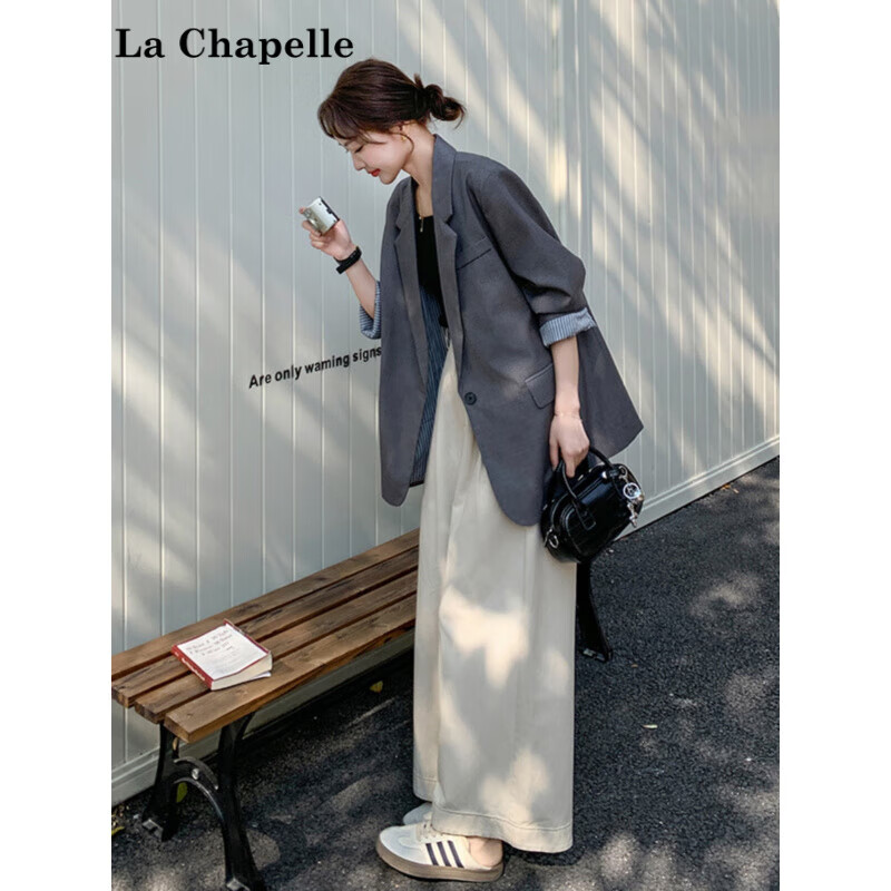 拉夏贝尔（La Chapelle）灰色韩版西装外套女感2025秋季新款休闲百搭气质一粒扣小西服 灰色 M (建议105斤-115斤)