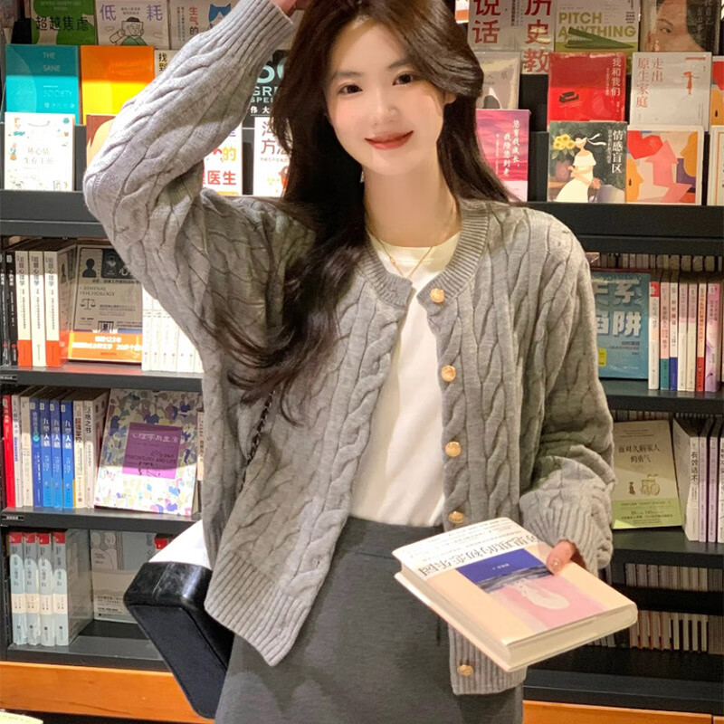 翊尚美针织衫女2025年秋季新款小个子开衫宽松慵懒风外套韩系可外穿上衣 灰色 【不缩水抗起球】 均码 【推荐80-140斤】