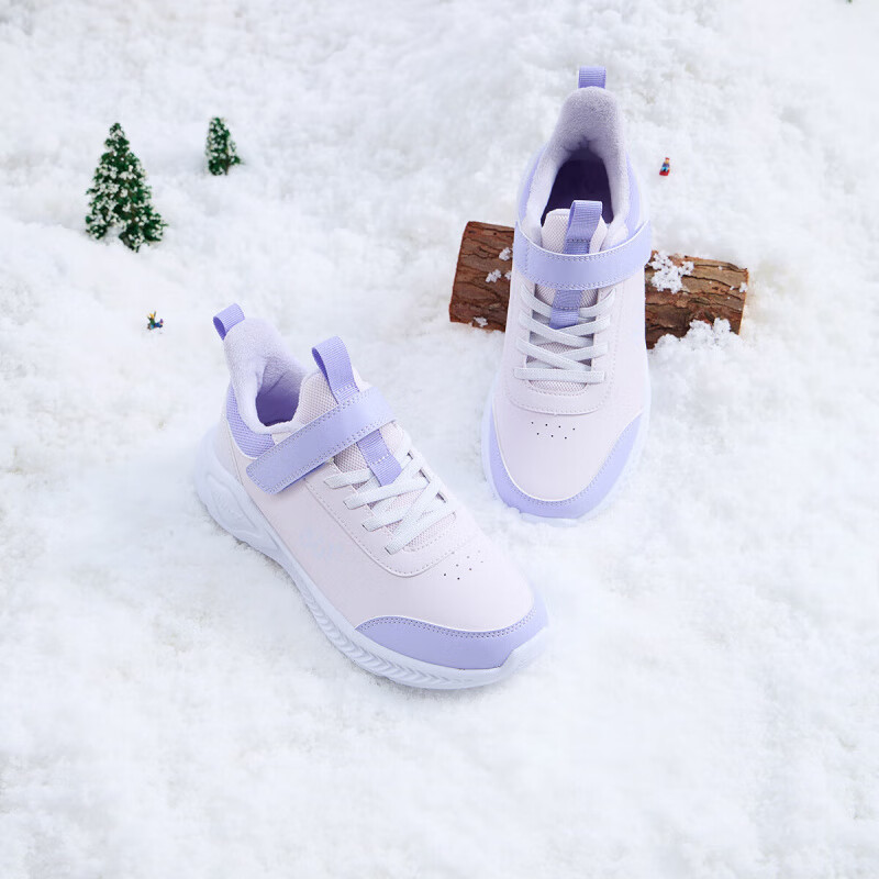 361°儿童运动鞋男童跑鞋秋冬密网轻便魔术贴女童皮革加绒保暖运动鞋 【皮革加绒】玫瑰水紫色/柔紫色/淡粉紫 36