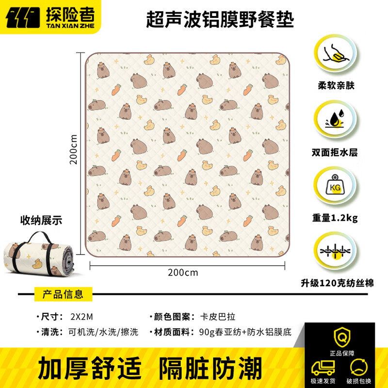 探险者野餐垫防潮垫打地铺加厚加大双人露营垫便携户外帐篷地垫沙滩垫 卡皮巴拉200*200cm【7层加厚】