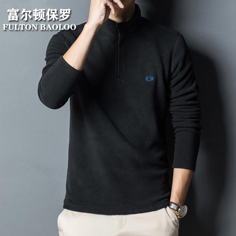 FULTON BAOLOO 富尔顿保罗半拉链摇粒绒卫衣男士2025秋季半高领打底衫潮流立领保暖T恤上衣 黑色 3XL (建议170到190斤穿)