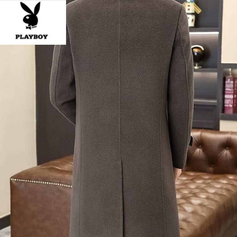 花花公子(PLAYBOY)毛呢大衣男士秋冬季韩版修身中长款呢子风衣感时尚双排扣外套 黑色 4XL 180-200