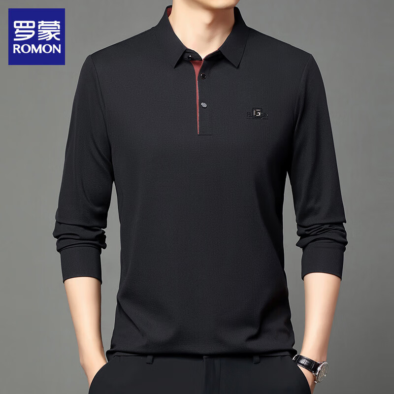 罗蒙（ROMON）长袖t恤男2026春季新款商务休闲宽松大码翻领上衣打底衫男 卡其 XL
