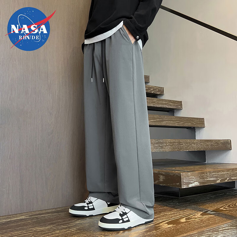 NASA RHUDE黑色休闲裤子男2025新款秋冬季简约阔腿运动长裤男生加绒直筒卫裤 深灰色 L 【110-130斤】