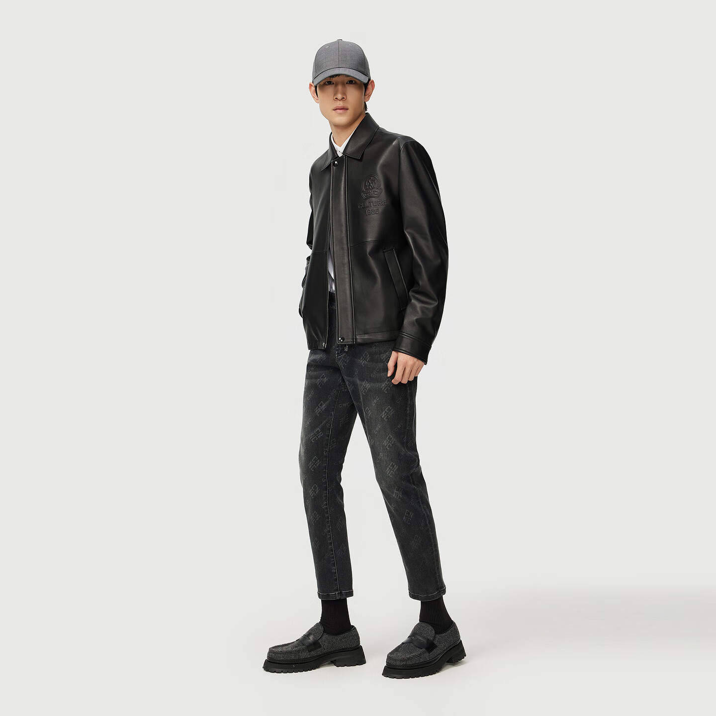 C'N'C【轻奢男装】CNC25秋新款翻领皮衣外套品牌压凸logo夹克男 黑色 54 /XL/(185/100A)
