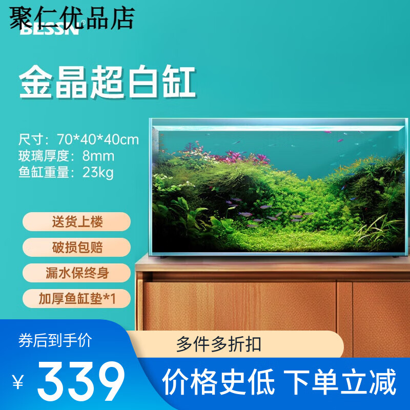 BESSN超白魚缸桌面魚缸魚缸家用客廳魚缸金晶魚缸定 超白玻璃8mm厚長70寬40高40cm