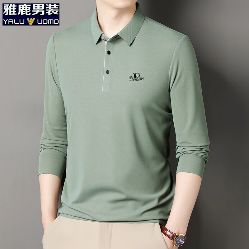 雅鹿男装速干长袖t恤男秋季新款翻领印花宽松男士polo中老年爸爸装上衣 豆绿色 4XL (190)(建议180-195斤)