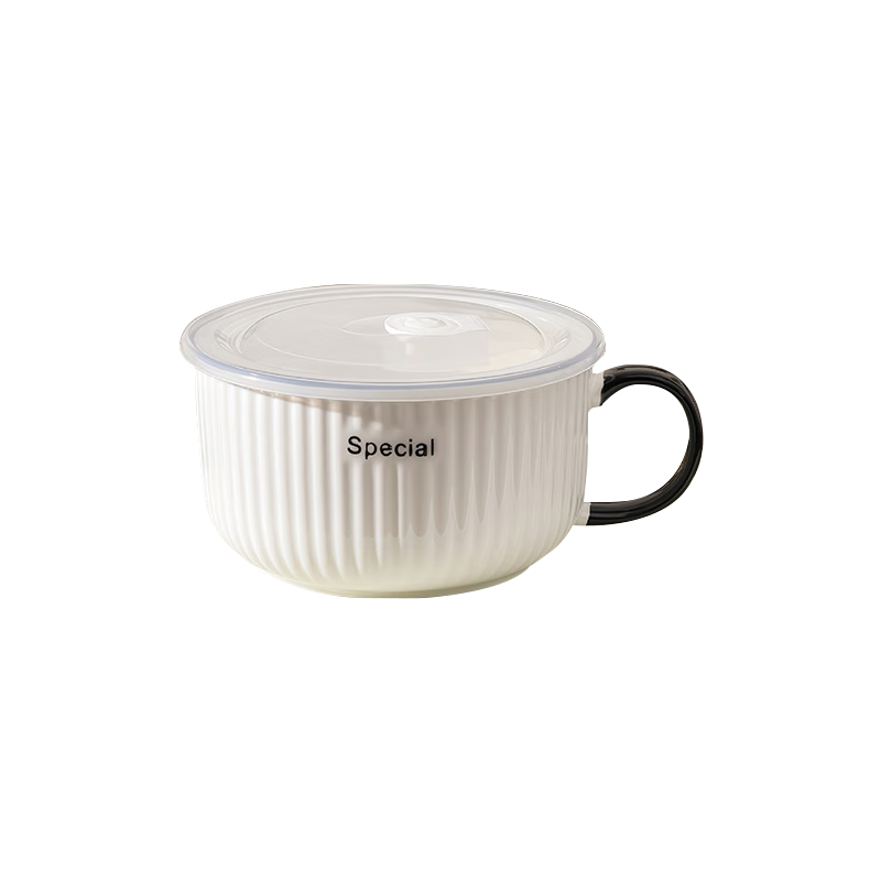 億嘉（IJARL） 陶瓷碗可微波爐上班族專(zhuān)用打工便當碗飯碗帶蓋泡面碗 白色6英寸