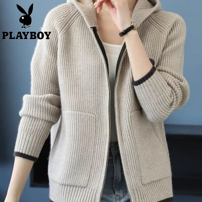 花花公子（PLAYBOY）2025年秋冬新款连帽外套拉链开衫毛衣女刺绣上衣时尚卫衣针织衫潮 卡其色 S 码【80斤-95斤】