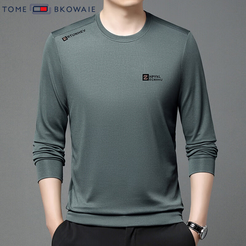 汤米芙兰可双面奥粒绒长袖t恤男2025年新款加绒保暖宽松套头圆领印花卫衣 912豆绿不加绒薄款 M (165)（建议100-120斤）