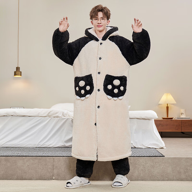 萧淑妃加厚保暖连帽法兰绒男士睡袍冬ins卡通学生珊瑚绒睡衣家居服套装 熊猫竹叶 2XL