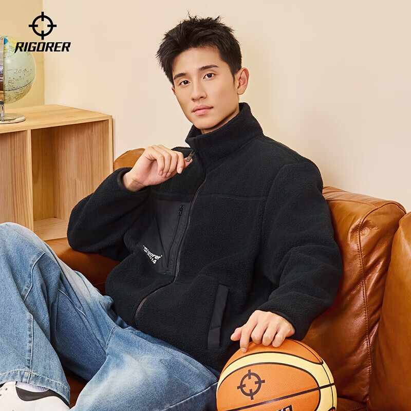 准者防风摇粒绒外套男子春季新款户外运动保暖宽松撞色抓绒上衣 纯正黑 2XL (185)