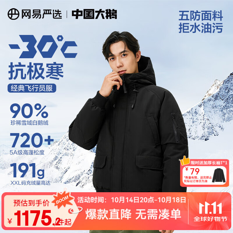 网易严选【中国大鹅】地表强温90白鹅绒短款派克羽绒服-30℃抗寒五防速暖 B款24秋冬-濡羽黑 90白鹅绒 M
